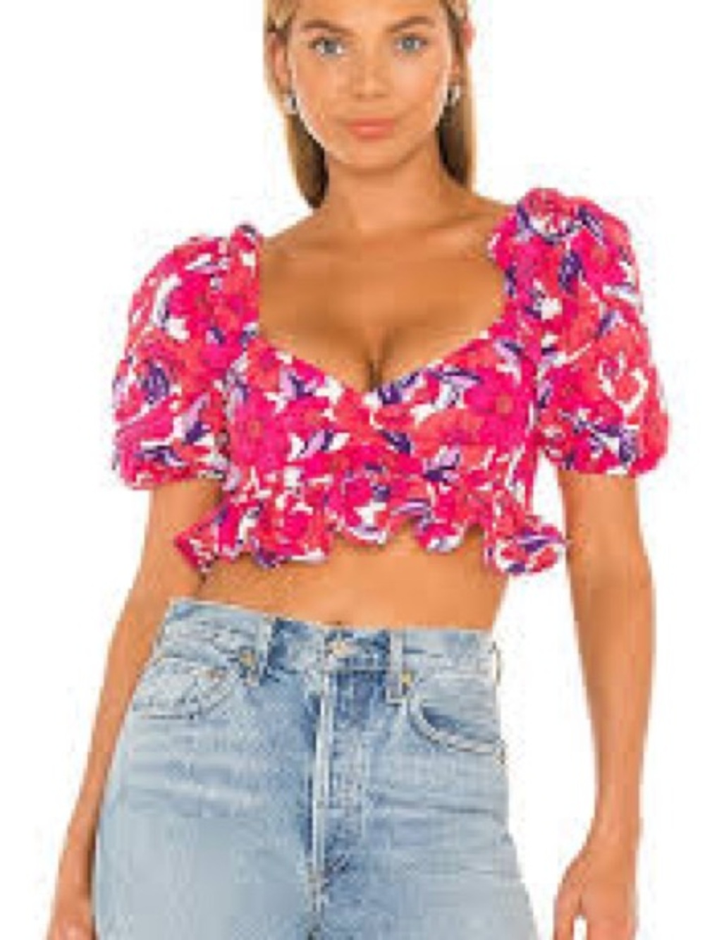 Lovers & friends women’s floral cropped puff sleeve blouse XL